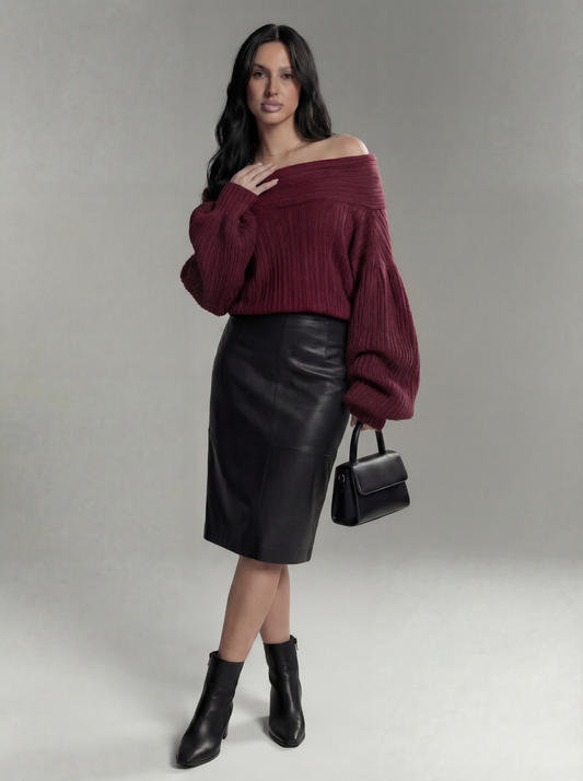 Off Shoulder Knitted Sweater - Burgundy