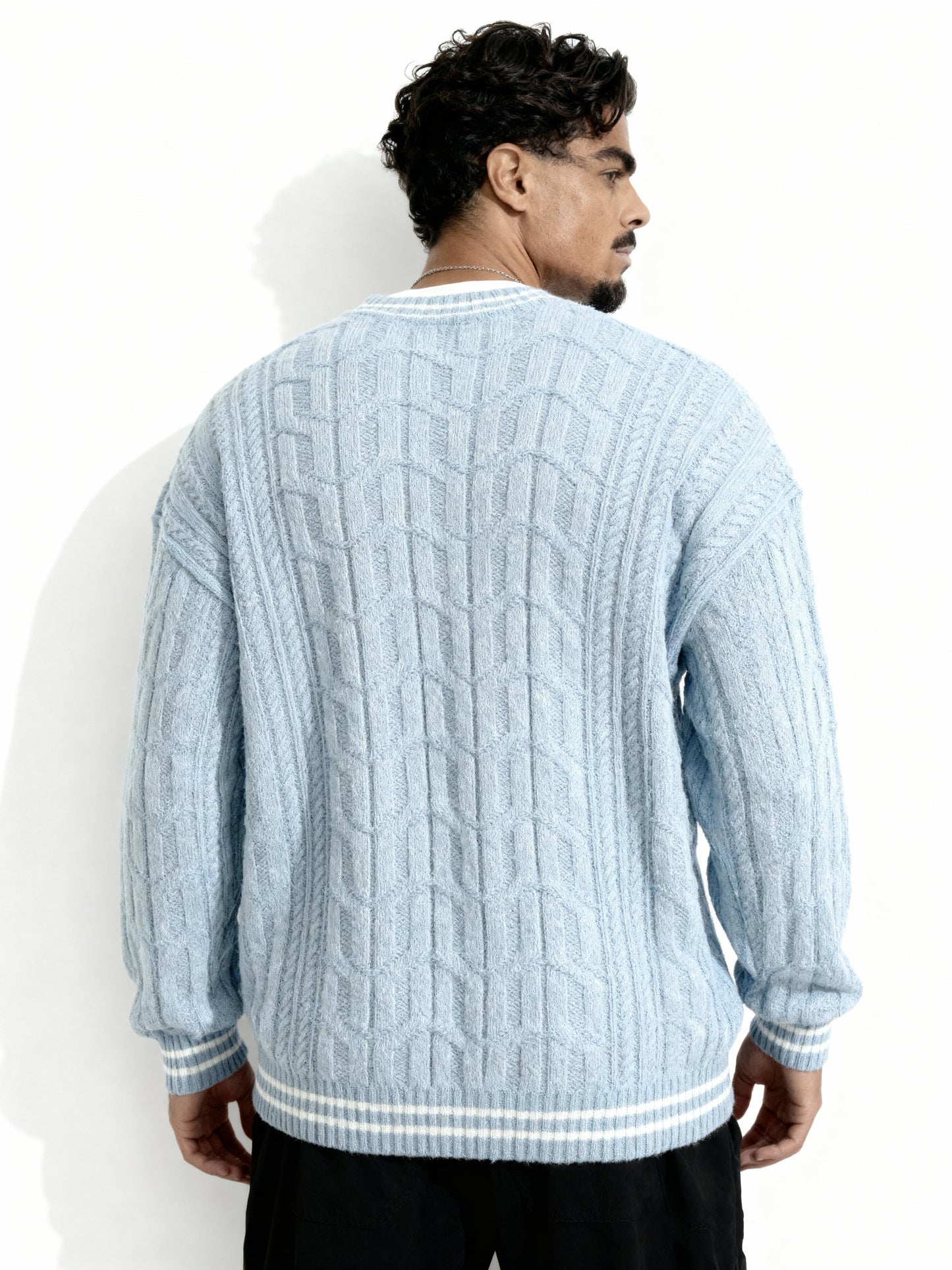 V Neck Knitted Sweater - Baby Blue