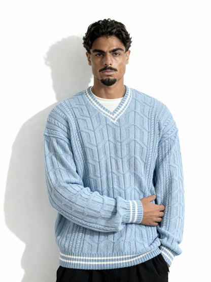 V Neck Knitted Sweater - Baby Blue