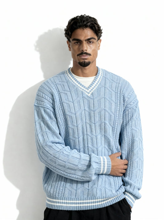 V Neck Knitted Sweater - Baby Blue