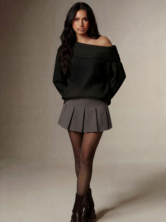 Off Shoulder Knitted Sweater - Black
