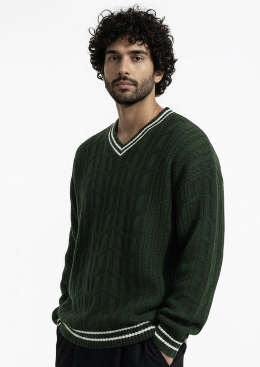 V Neck Knitted Sweater - Emerald Green