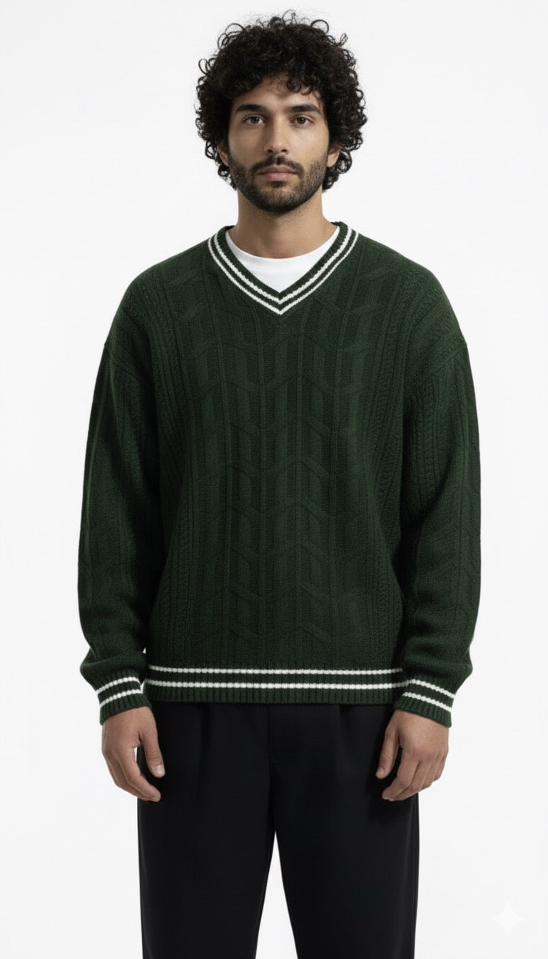 V Neck Knitted Sweater - Emerald Green