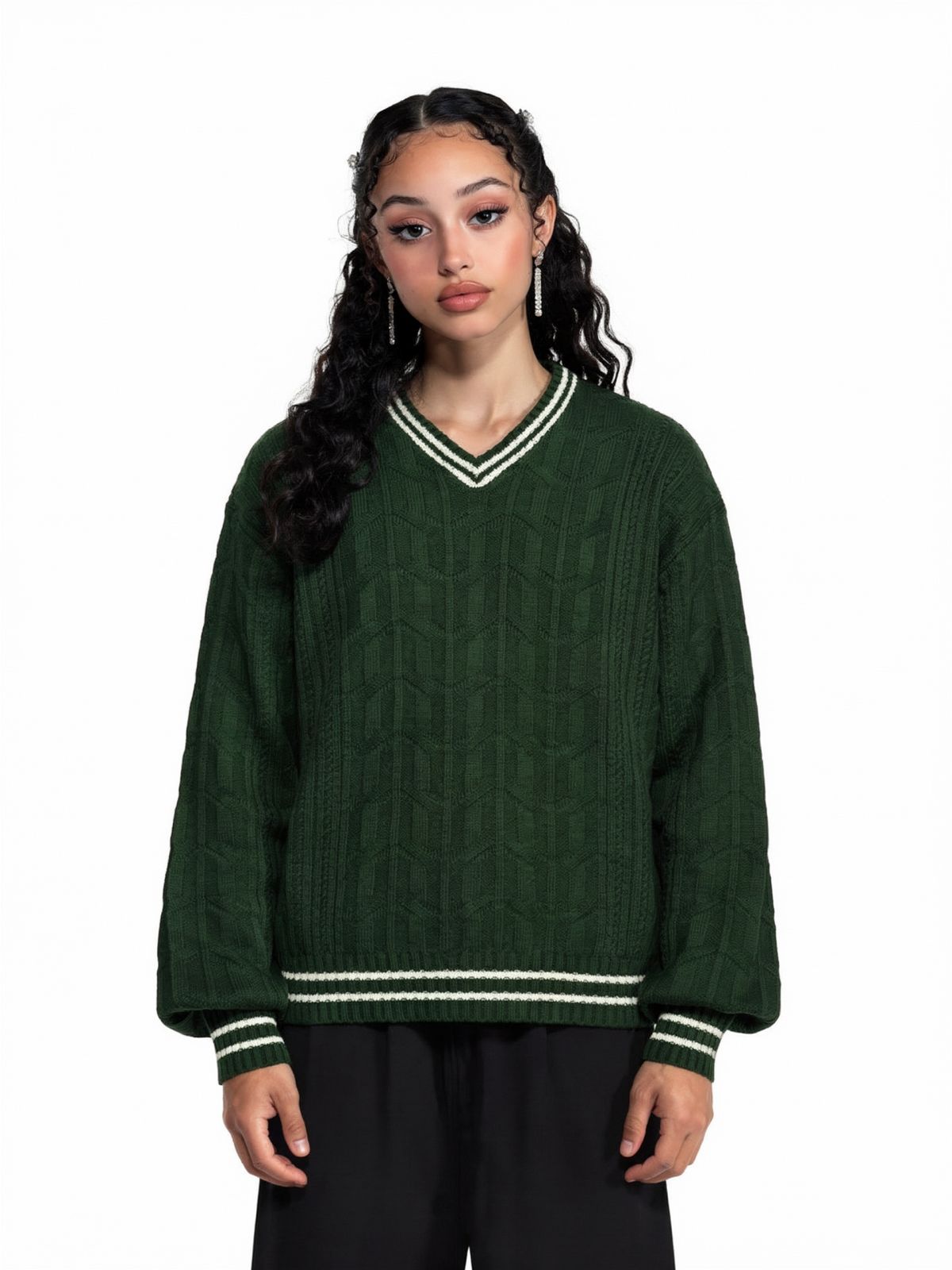 Unisex V Neck Knitted Sweater - Emerald Green