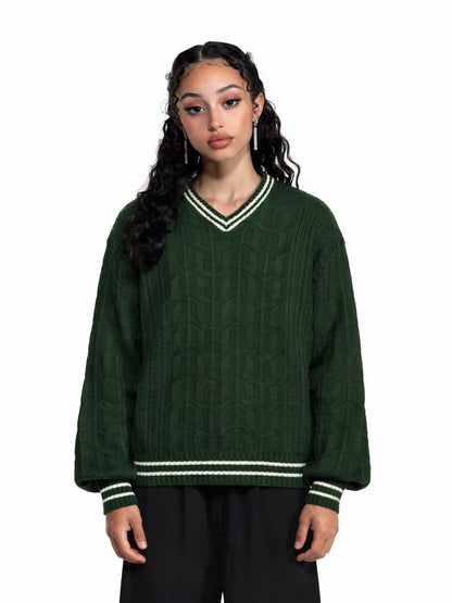 Unisex V Neck Knitted Sweater - Emerald Green