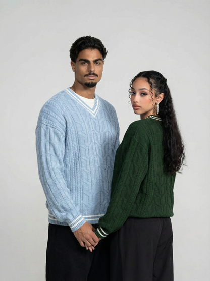 V Neck Knitted Sweater - Emerald Green