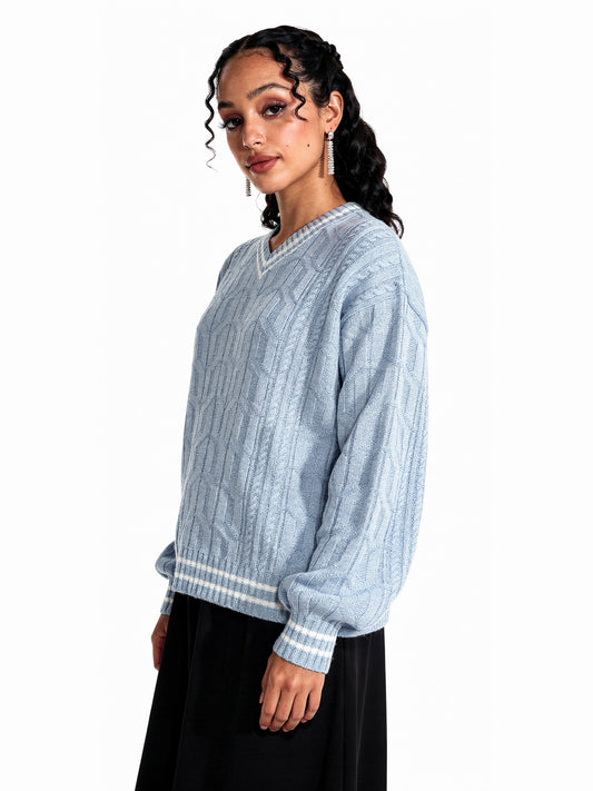 Unisex V Neck Knitted Sweater - Baby Blue